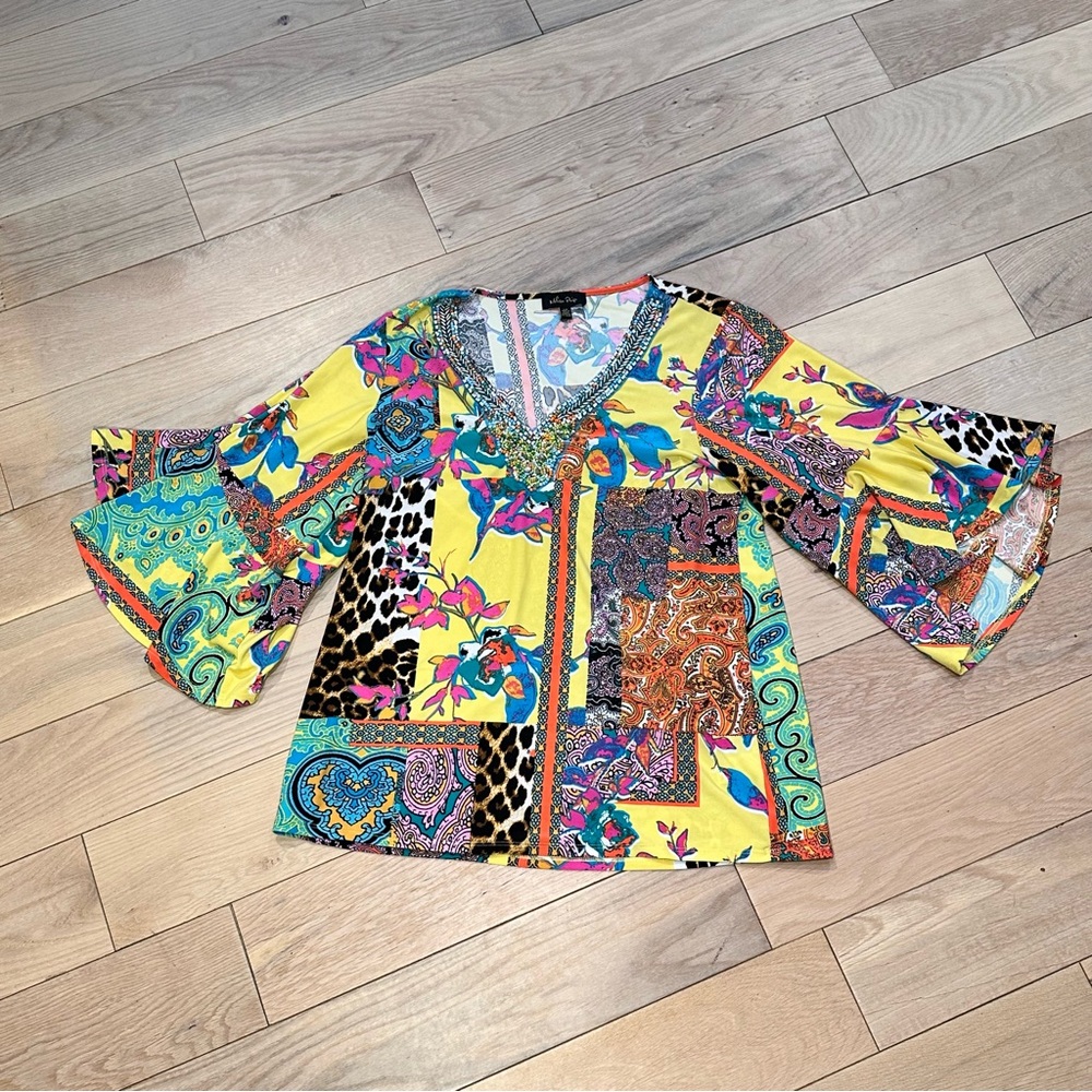 Melissa Paige Colorful Print and Beaded Blouse - Picture 1 of 10